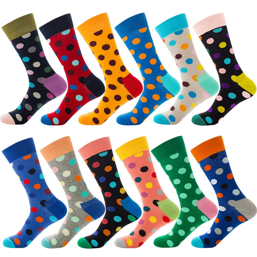 

12 Colors Dot Crew Cotton Socks Men Streetwear Sport Middle Tube Plus Size EU 38-46