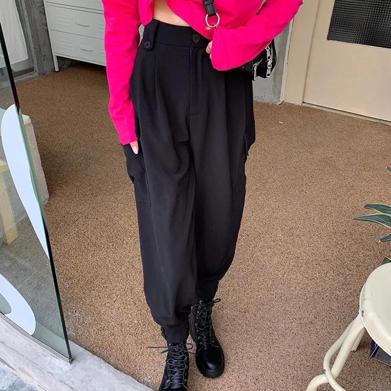 

GOOHOJIO 2020 New Fashion Streetwear Cargo Pants Women Black Ankle Length Elastic Waist Joggers Trousers Casual Pants Female