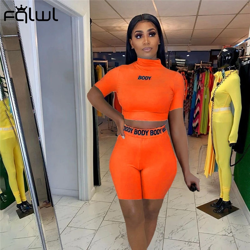 FQLWL лето черного цвета с буквенным принтом Bodycon 2 шт. комплекты из двух предметов