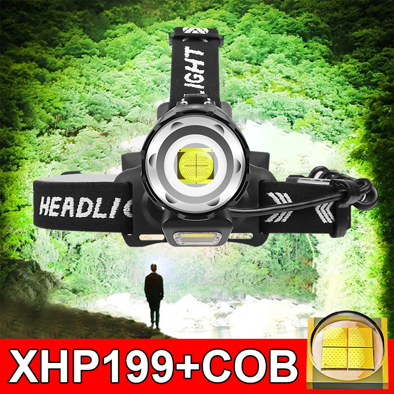 XHP199 Powerful Led Headlamp 18650 Head Flashlight Fishing Head Lamp Light High Power COB Headlight Rechargeable Usb Led Lantern