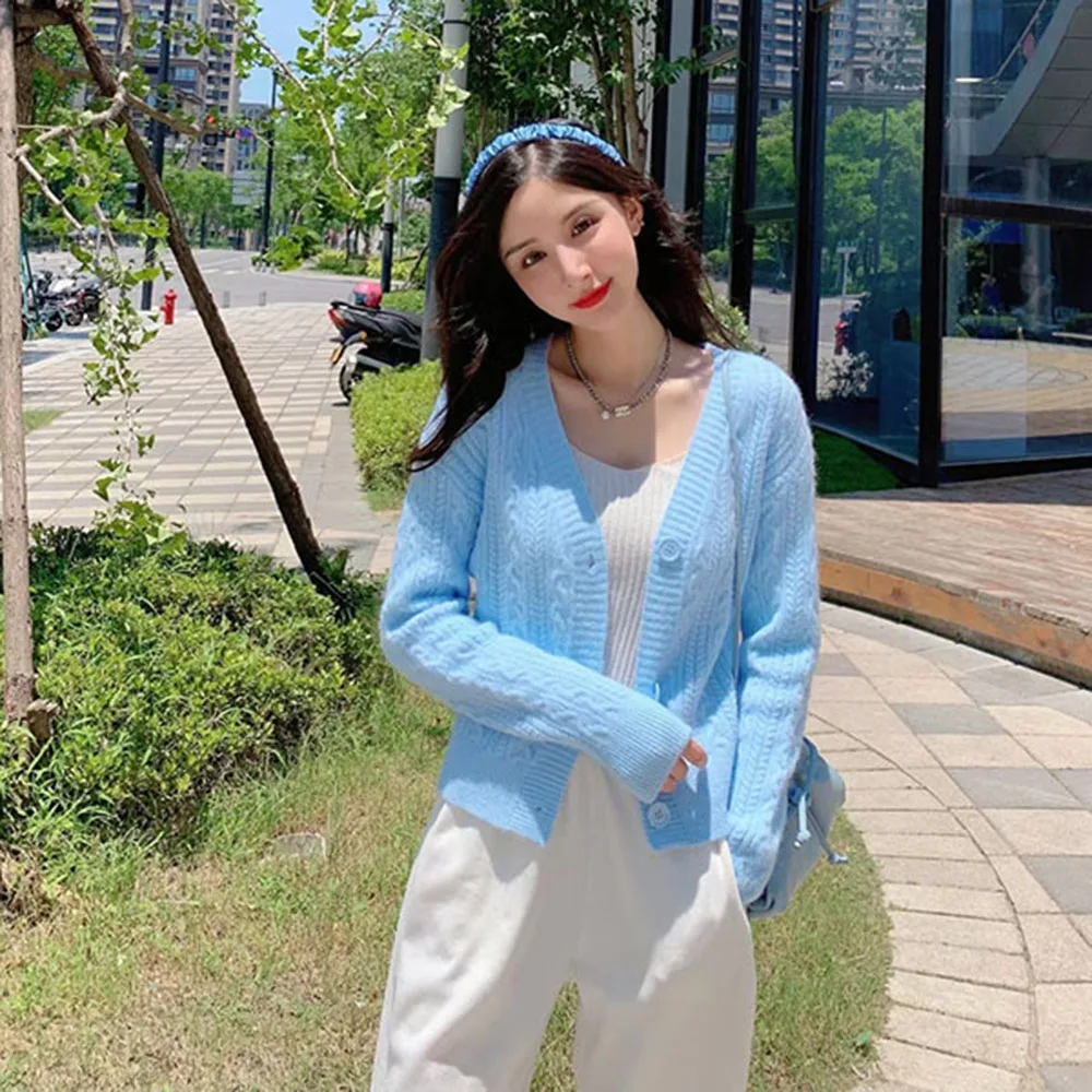 

New Fashion Women Cardigans Long Sleeve Pink Cardigan Women Cropped Sweaters Streetwear V Neck Cardigan Crop Top Sueter Mujer