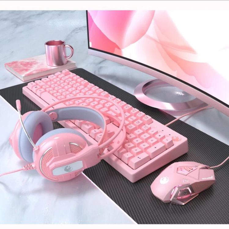 

Pink luminous office keyboard set girls' mechanical notebook game wired E-sports mouse