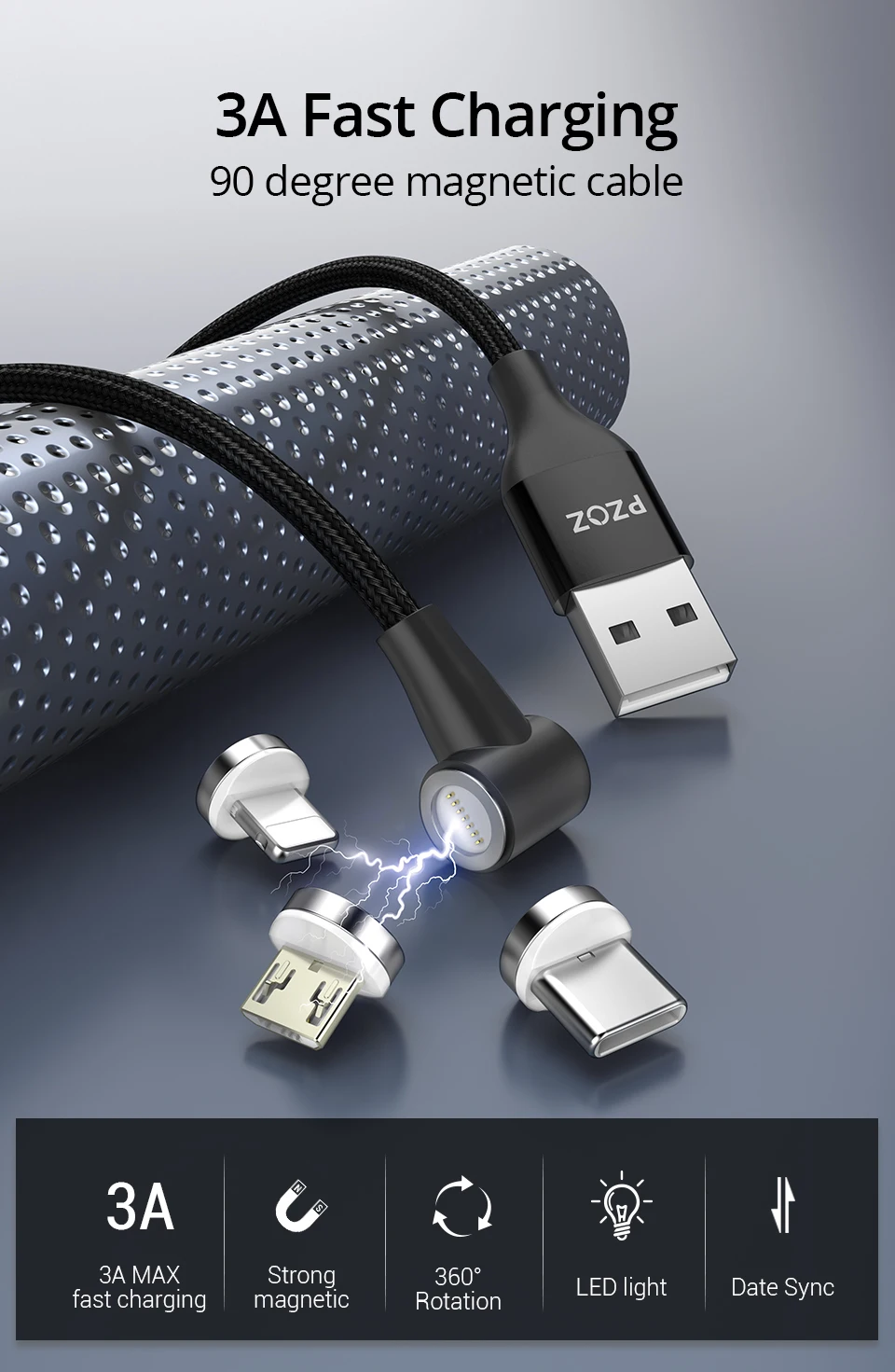 Магнитный кабель PZOZ 90 градусов usb c Micro usb type C для быстрой зарядки, магнитное зарядное устройство Microusb type-C для iphone Xs MAX xiaomi usb-c