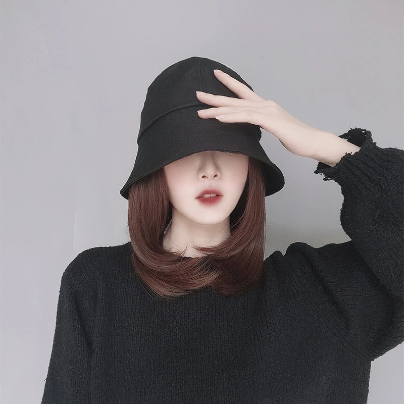 Synthetic Fisherman's Hat Hair Wig Natural Black / Brown Short Straight Wigs Naturally Connect Synthetic Hat Wig Adjustable For