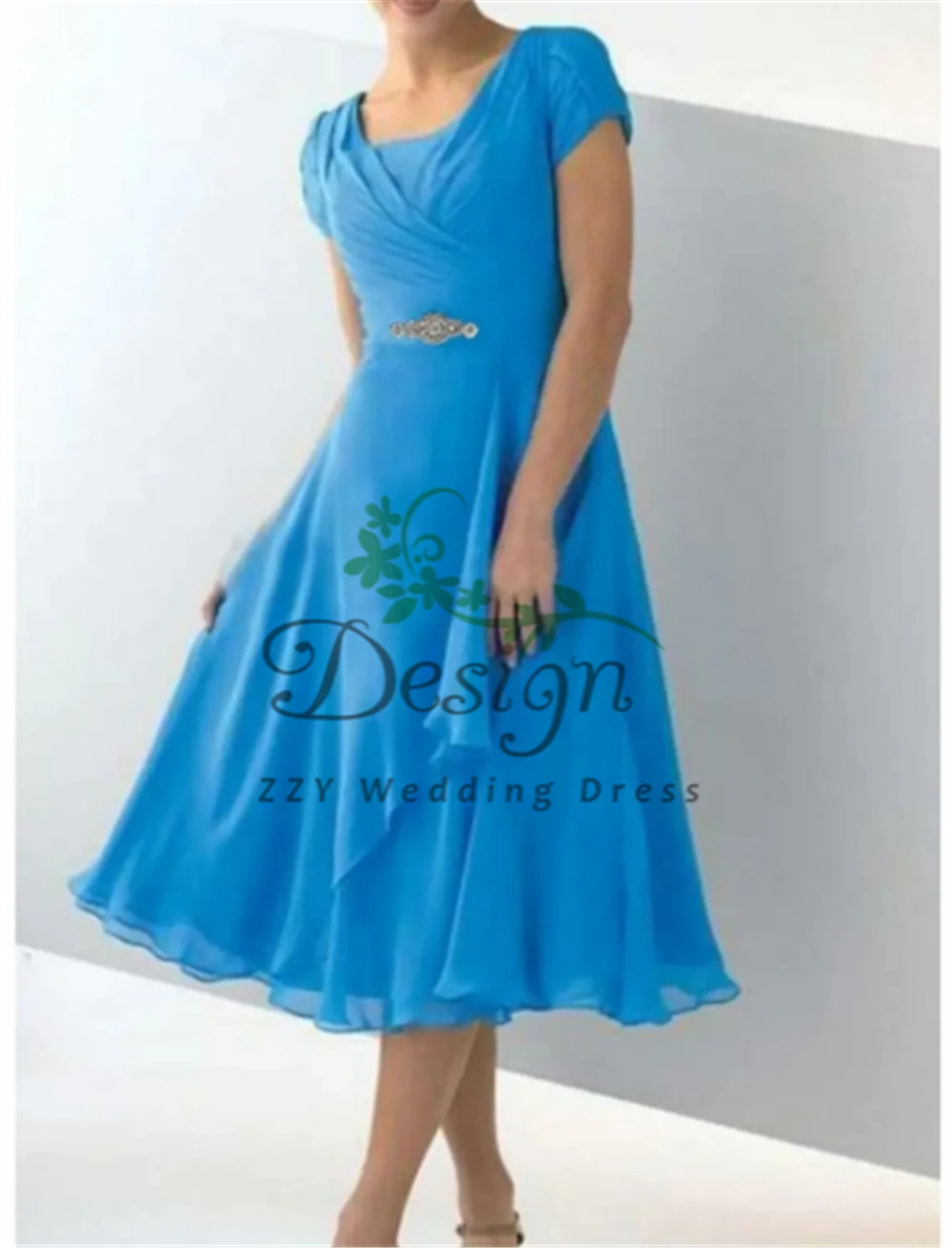 

Gorgeous Royal Blue Chiffon Cap Sleeves A-line Beading Tiered Knee-Length Short Mother of the Bride Dresses Lace Women's Dresses