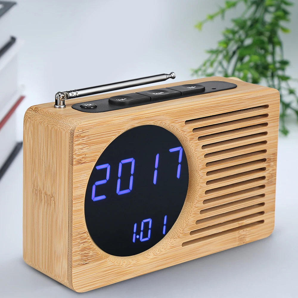 Цифровой fm-радио будильник светодиодный Бамбук 12 h/24 h Регулируемый свет для дома спальни офиса Настольные часы таймер USB кабель будильник часы