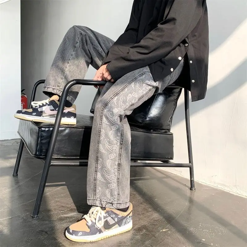 

Pants Man handsome Printed Elastic Waist Men trousers Spring New Straight Loose Wide Legs Student Trend Wild fashion men clothes