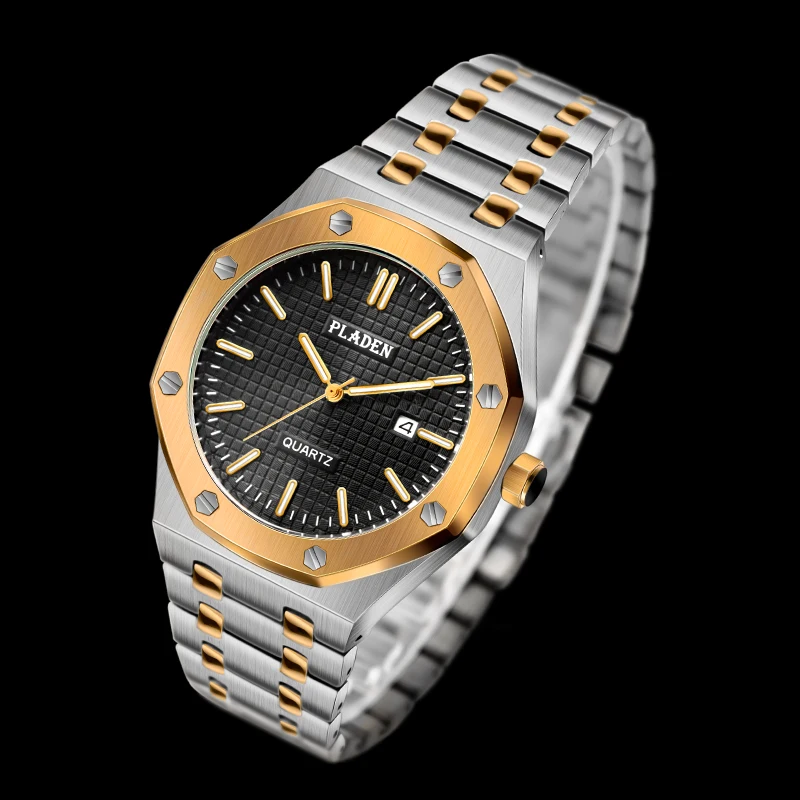 

Часы наручные Pladen мужские с календарем, модные деловые уличные модные с черным циферблатом, с подбором цветов из нержавеющей стали