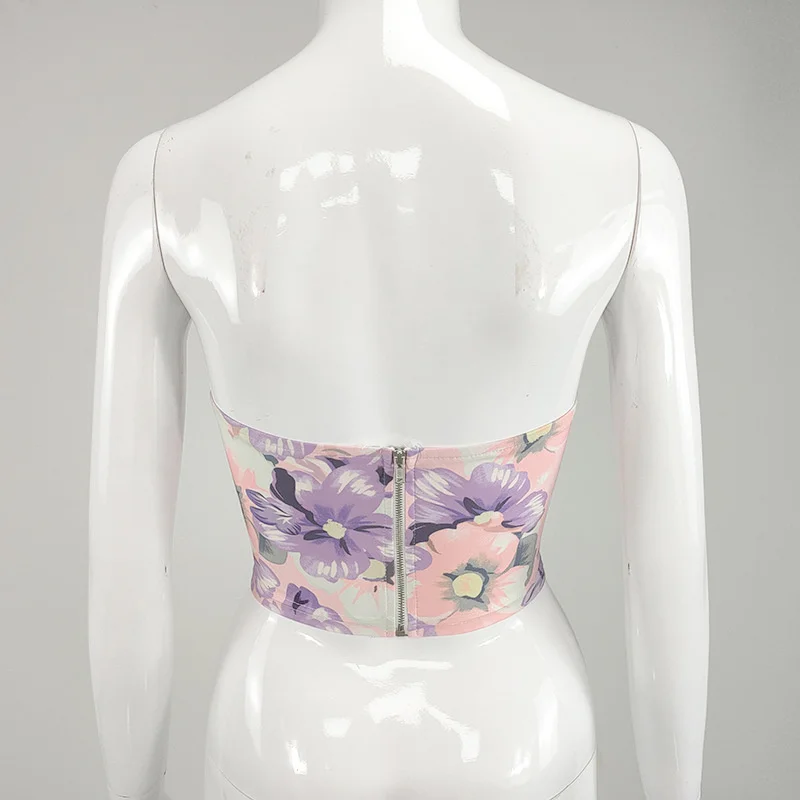

2021 Summer Push Up Padded Crop Top Women Backless Floral Print Sexy Bustier Summer Tops Cropped Strapless Tank Elastic Corset