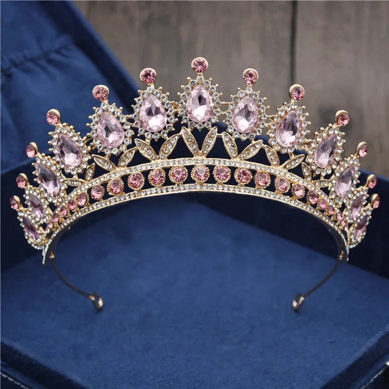 Full Pink Барокко Винтаж Синий Кристалл невесты корона для женщин головной убор свадебные диадемы и короны свадебные украшения для волос аксессуары Корона Мода - Окраска металла: Full Pink
