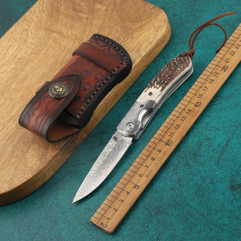 

Damascus folding knife survival camping tactics outdoor pocket lifesaving antler handle hunting kitchen EDC knife