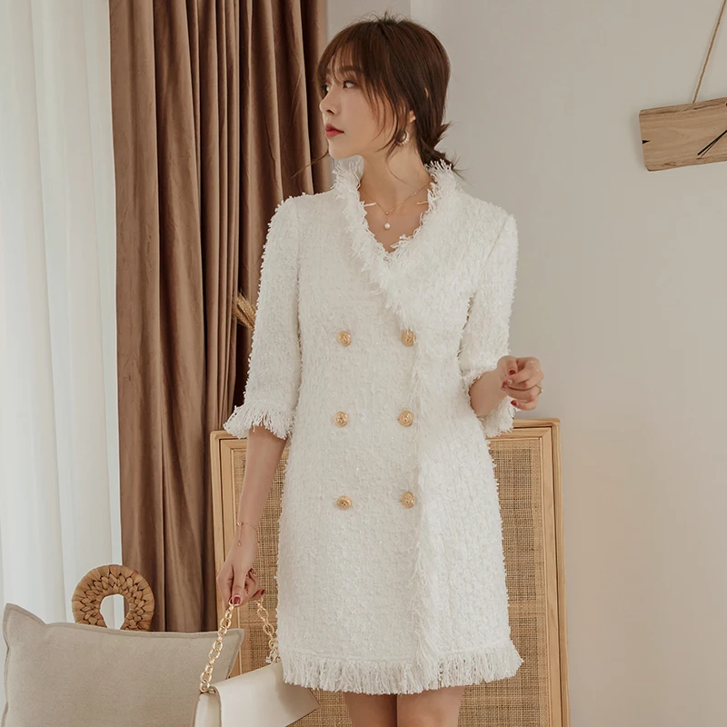 YIGELILA Autunm New Arrivals White Coats Half Sleeves V-neck Double-Breasted Coats Office Lady A-line Solid Coats 9998