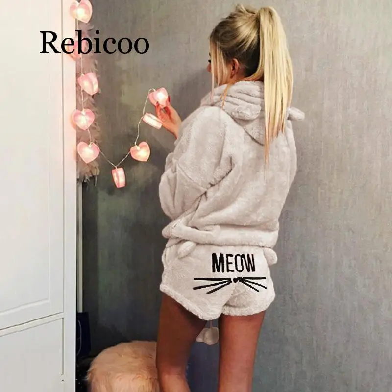 Новый пижамный комплект осень-зима меховая рубашка шорты теплая Пижама Женское