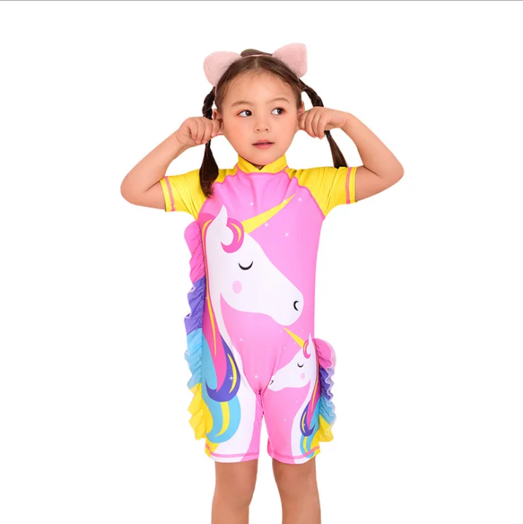 Детский слитный купальник с фламинго и надписью для маленьких девочек Модный