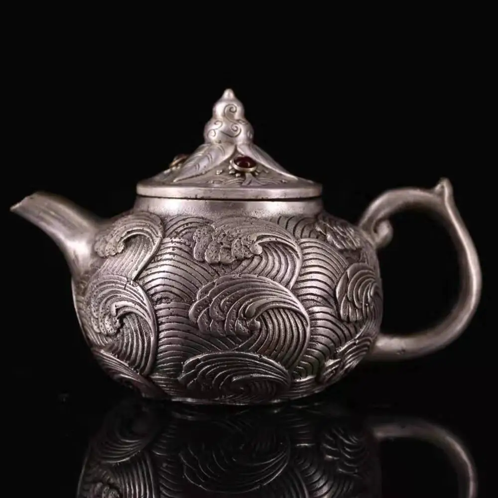 

Home Decor 5" Tibet Buddhism Temple bronze plating silver mosaic gem Spray jug kettle teapot