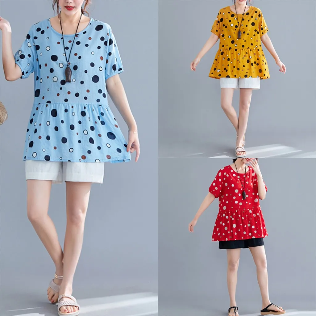 Women's Cute Polka Dot Printing O-Neck Short Sleeve Blouse Summer Shirt New Woman Slim Fit Tight Retro Tops | Мать и ребенок