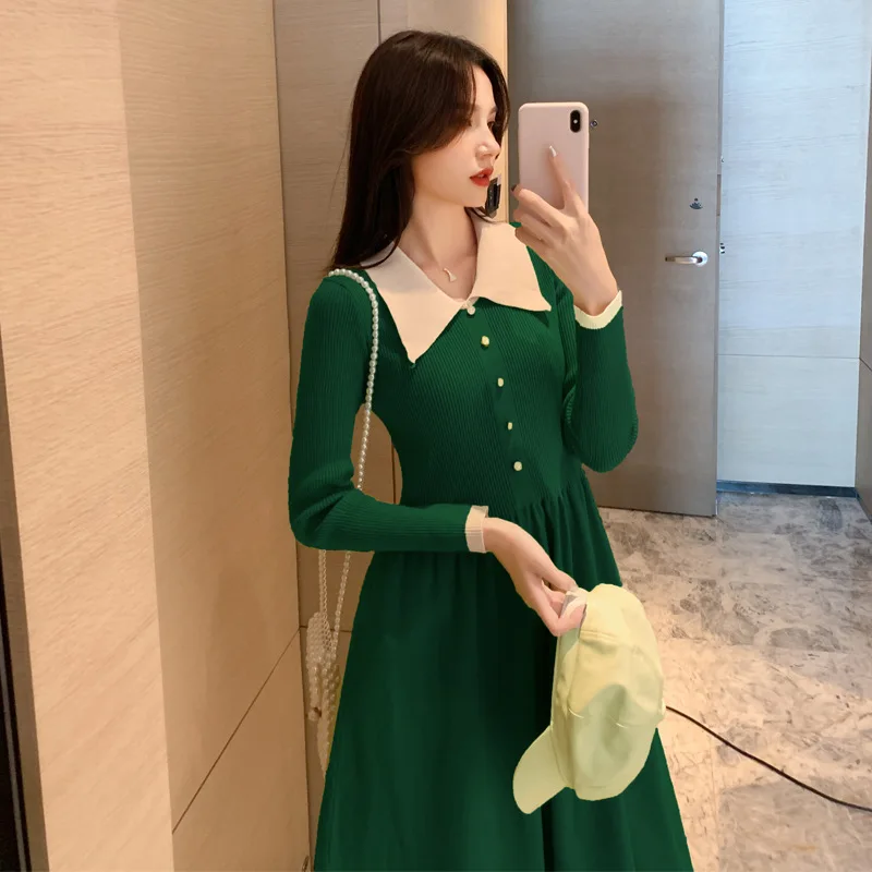 Осенне-зимнее плотное платье-свитер женское длинное платье средней длины с