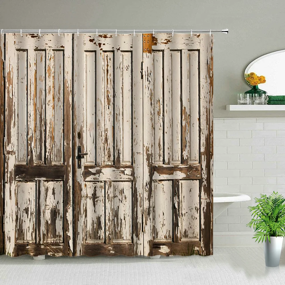 retro rustic old vintage wood doors shower curtain set waterproof fabric bathroom curtains bathtub decor bath screens with hooks free global shipping
