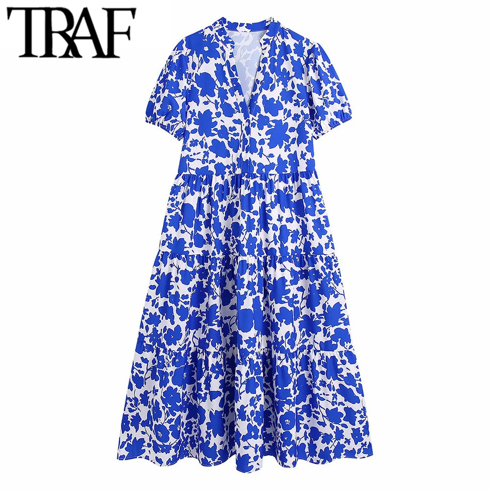 

TRAF Women Fashion With Buttons Floral Print Midi Dress Vintage V Neck Short Sleeve Female Dresses Vestidos Mujer