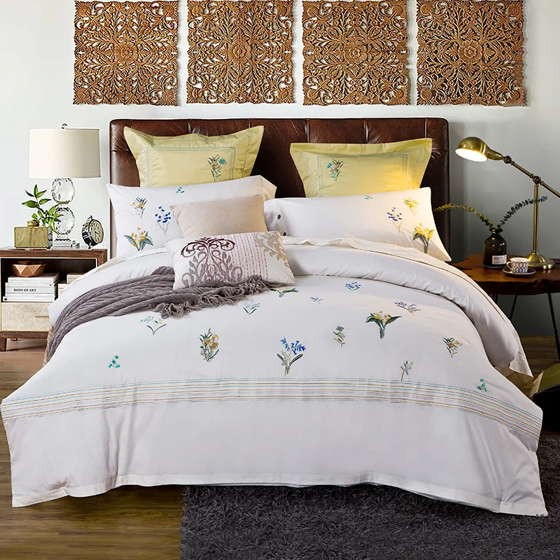 

White Chic Floral Embroidery Bedding Set Luxury Pure Color Bed Set Cotton Duvet Cover Bedsheet Pillowcases King Queen Size
