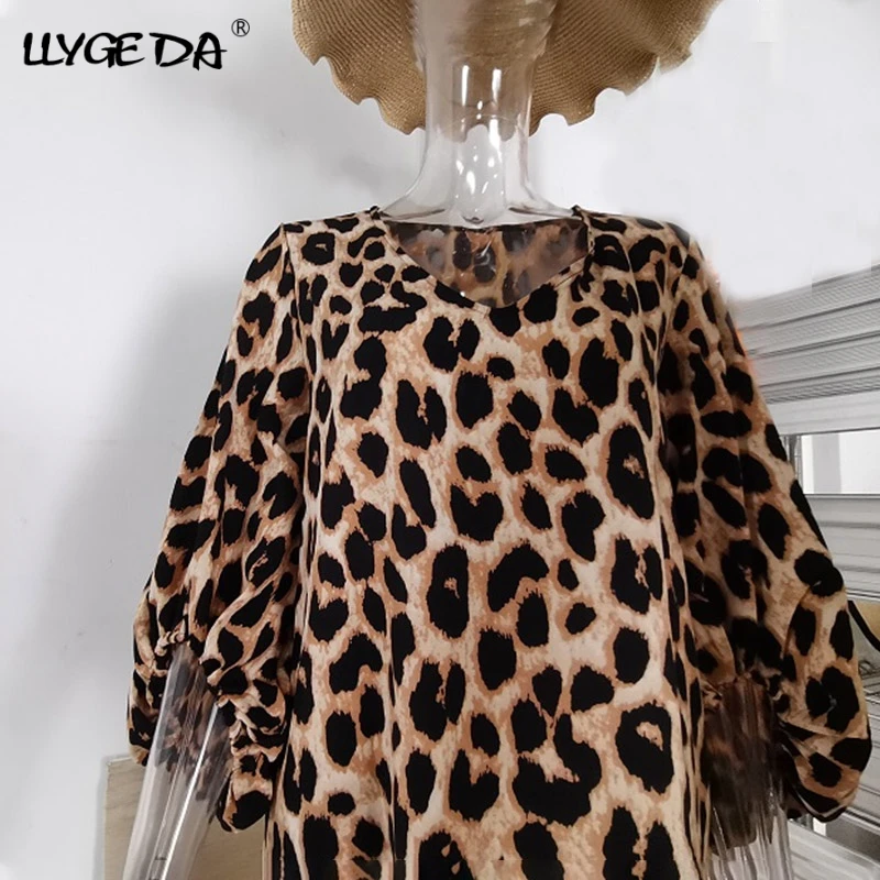 

2021 Summer Dress Woman Leopard Print Midi Three Quarter Lantern Sleeve Casual Women's Dresses Female Long Dresses For Women