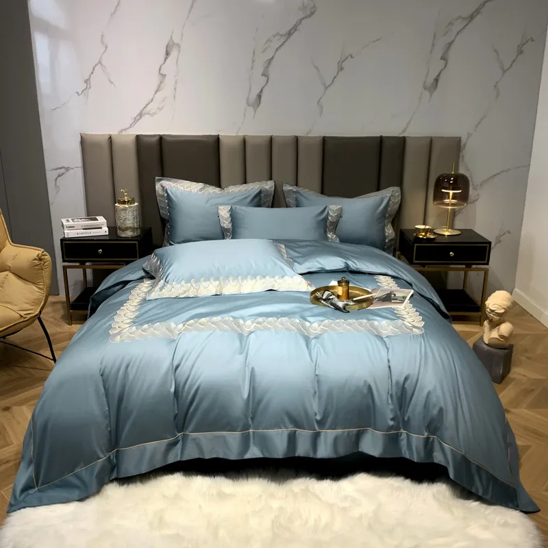 

Luxury Blue Egyptian Cotton Bedding Set Embroidery Bed Linens Flat Sheet Set Bedspread Queen/King Size Bed Cover 4pcs