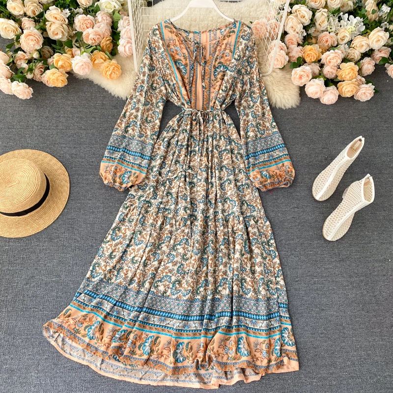 Ретро этнический стиль платье для путешествий и отпуска 2020 Новинка длинная юбка