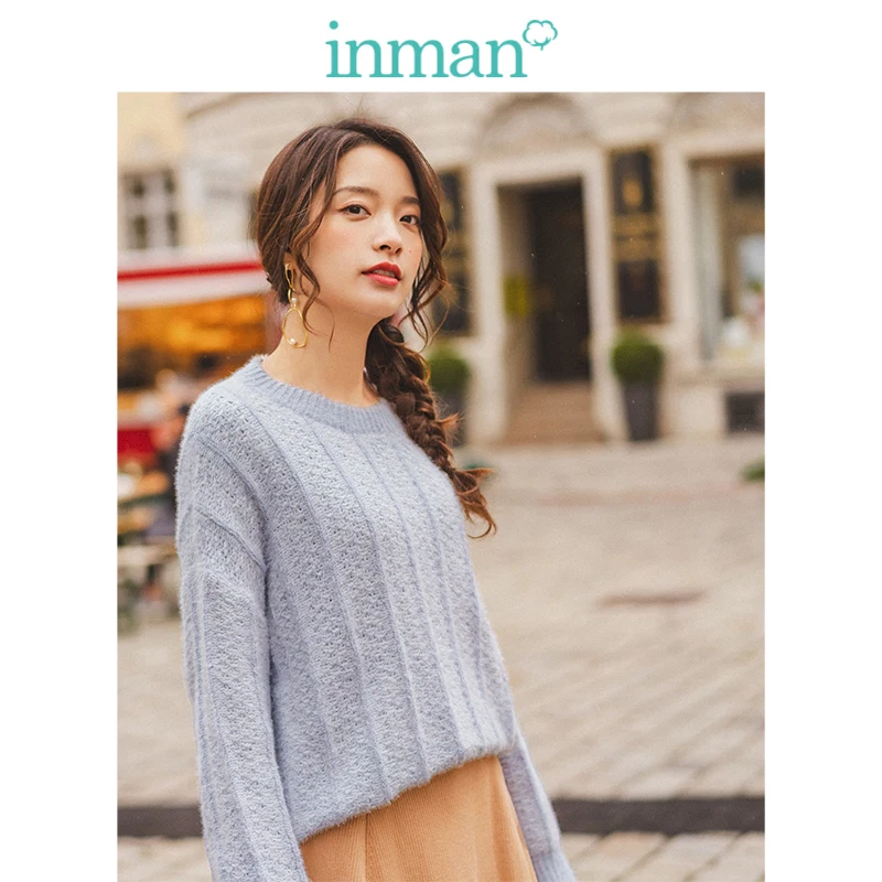 INMAN Осень-зима 2019 Новое поступление трикотажный пуловер с круглым вырезом и