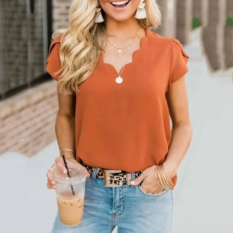 

Women Short Sleeve Casual Loose V-neck Solid Color Blouses Ladies Elegant Tops Tees Female T-shirts Plus Size S-5XL