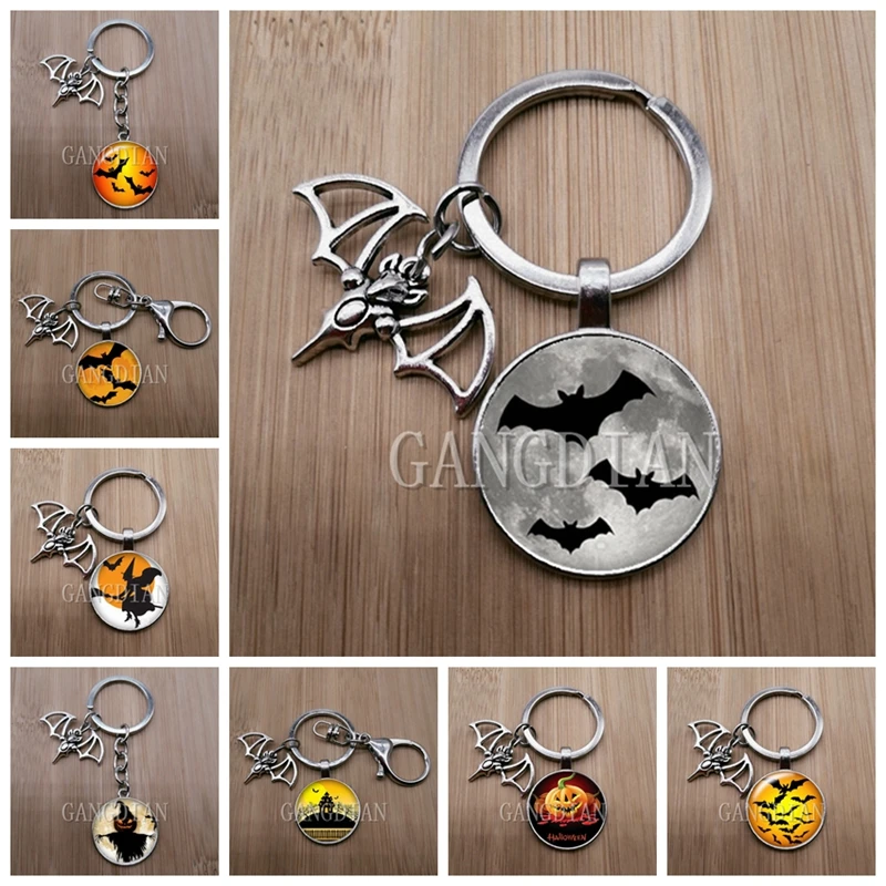 Счастливый Хэллоуин летучая мышь призрак круглый фото стекло выпуклой брелок