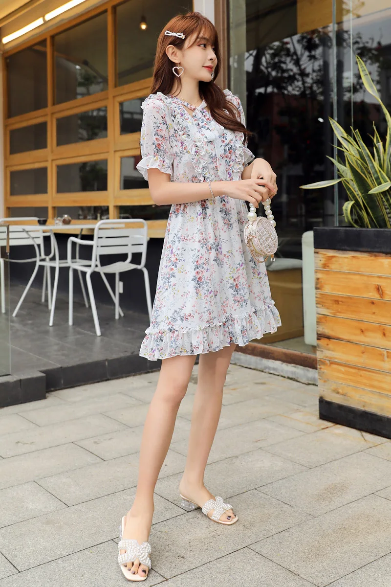 

COIGARSAM Ruffles Women one-piece dress korean Chiffon Dresses White Green 838