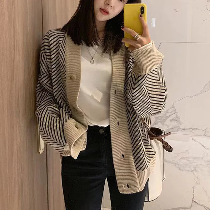 

Autumn Winter Stripe Cardigans Women Casual Long Sleeve Sweater Female Korean knitwear cardigan feminino sueter mujer