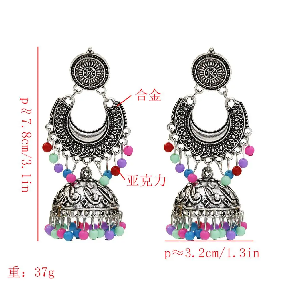 

Ethnic Gypsy Retro Color moon Colorful Turkish Bells Indian Jhumka Earrings Women's Vintage Turkey Boho Beads Tassel Earrings