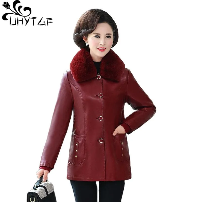 UHYTGF Middle-Aged Elderly Leather Jacket Women Quality PU Leather Autumn Winter Coat Female Casual Warm Loose Size Overcoat2342