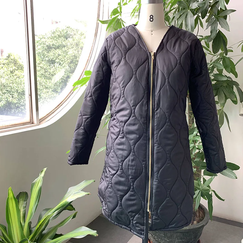 Spring Cotton Padded Jacket Office Ladies Korean Warm Solid Green Zipper Retro Causal Long Parkas Winter Coat Outwear Overcoat