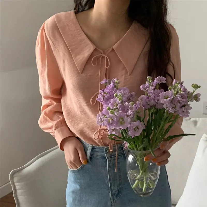

Hzirip 2021 Hot Solid Clothe Femme Bow Streetwear Lapel Summer All Match Loose Gentle New Fashion Casual High Quality Shirts