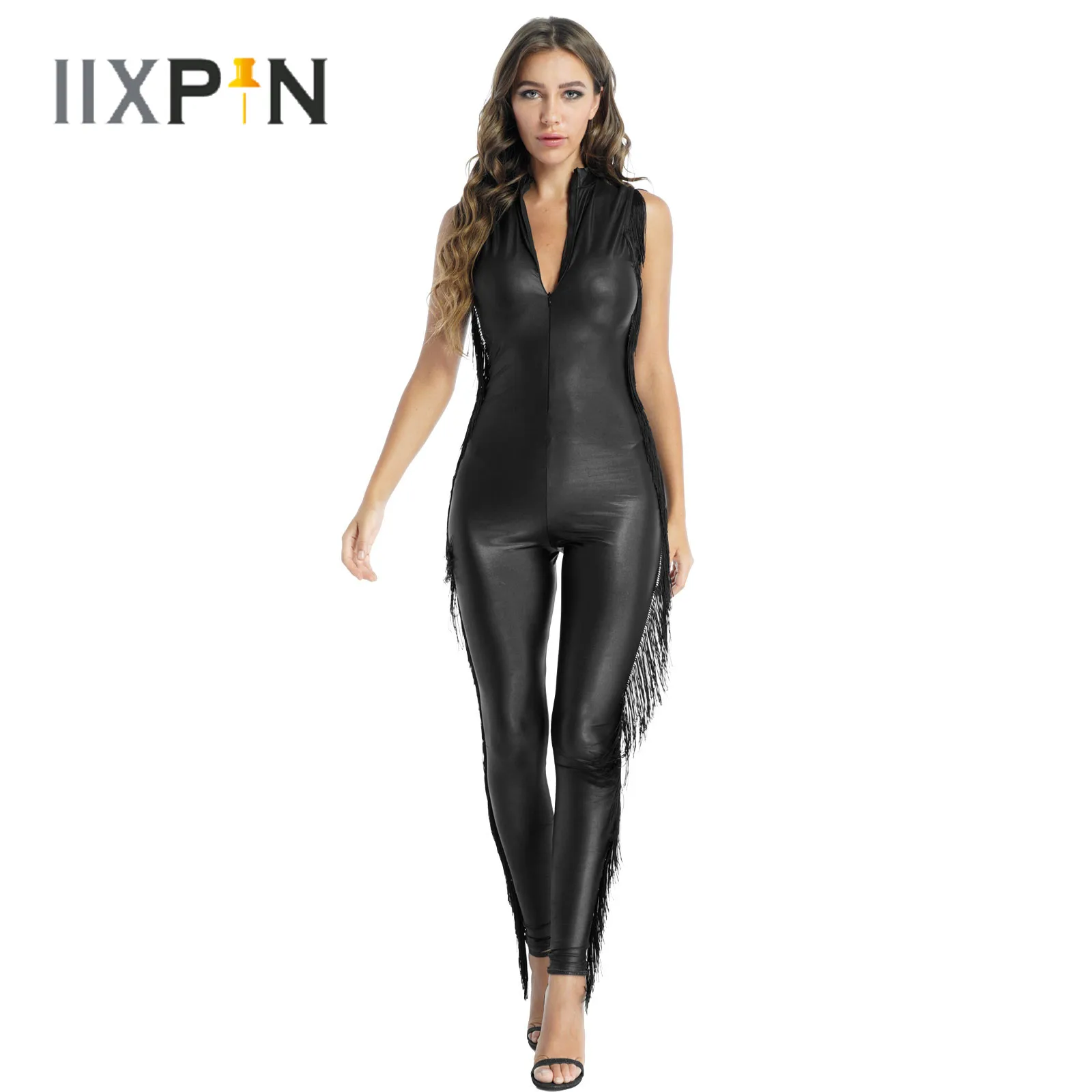 

Womens Pole Dace Rave Outfits Latex Faux Leather Tassel Sexy Bodycon Bodysuit Mock Neck Sleeveless Fringed Skinny Romper Catsuit