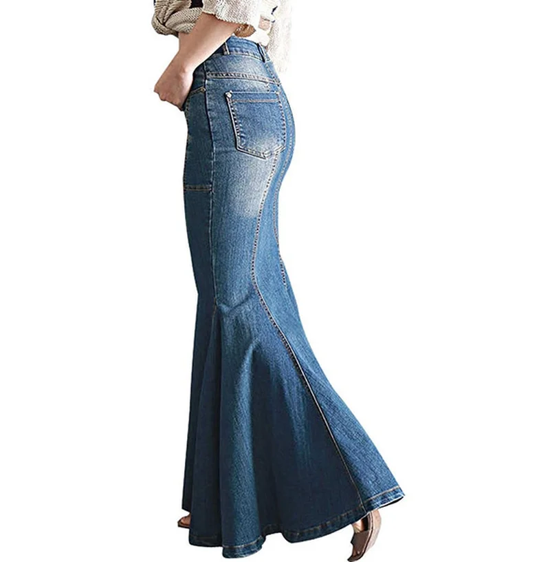 

Denim Skirts Women Fashion Casual Stretch Waist Fishtail Mermaid Skirts Vintage Long Jean Skirt Sexy Floor-length Female Skirt