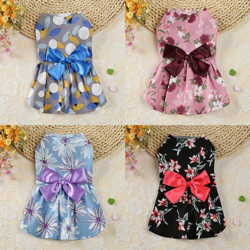 

Summer Dog Small Floral Princess Dress With Bowknot Silk Skirt For Chihuahua York Dogs Cats Cute Wedding Dresses Cooling Clothes