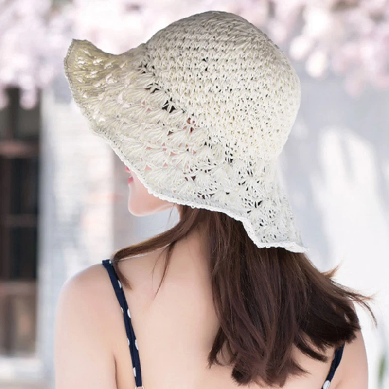 

Women's Sun Hats Anti-Uv Handmade Straw Hat Outdoor Sun Protection Caps Breathable Visor Caps Foldable Hollow Beach Sunhats