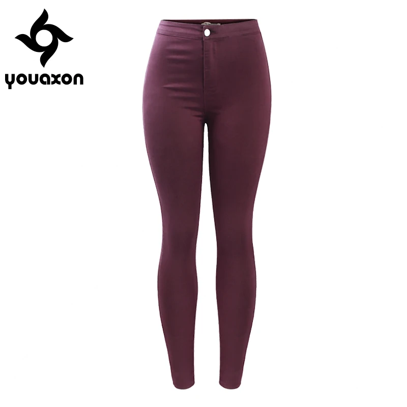 burgundy 2035 Youaxon бордовые эластичные джинсы с высокой талией, женские брюки, обтягивающие Женские джинсы-карандаш - Цвет: burgundy
