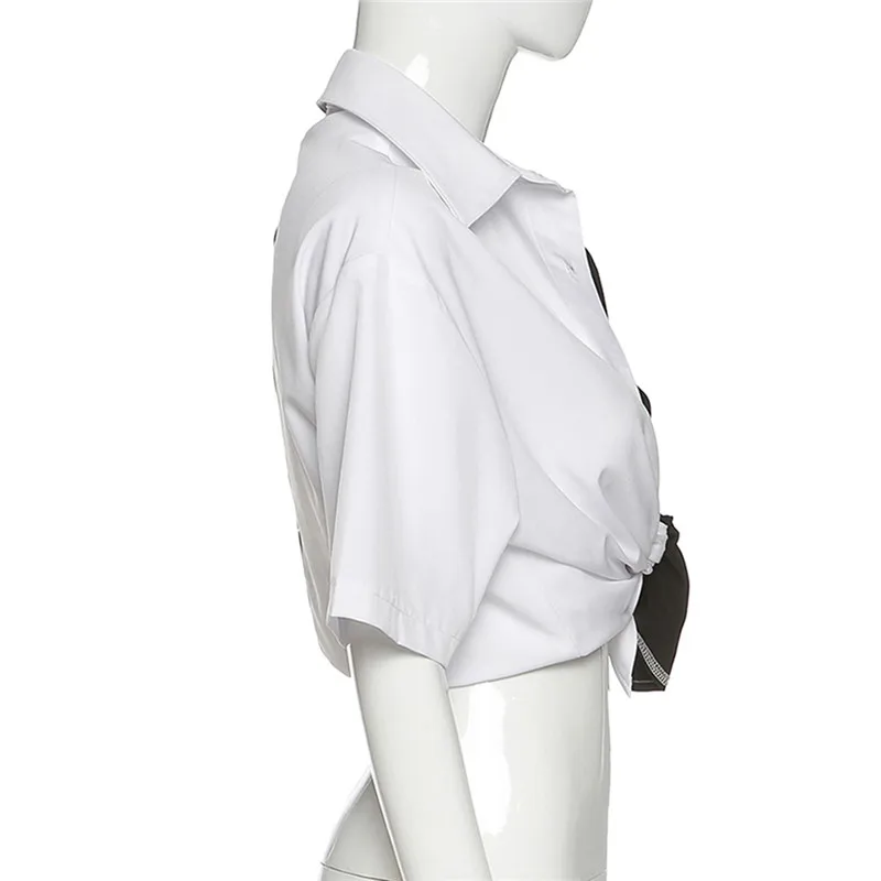 

Women Patchwork Button Casual Crop Top Women's black and white contrast navel top