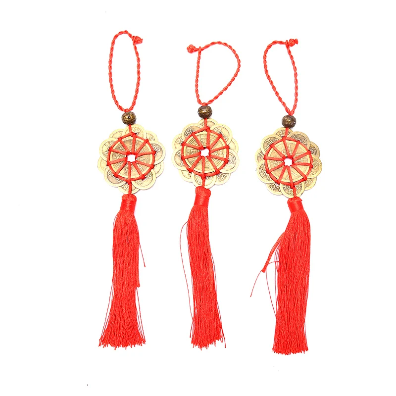 

10 Lucky Charm Ancient I CHING Coins Red Chinese Knot FENG SHUI Sets Car Decor