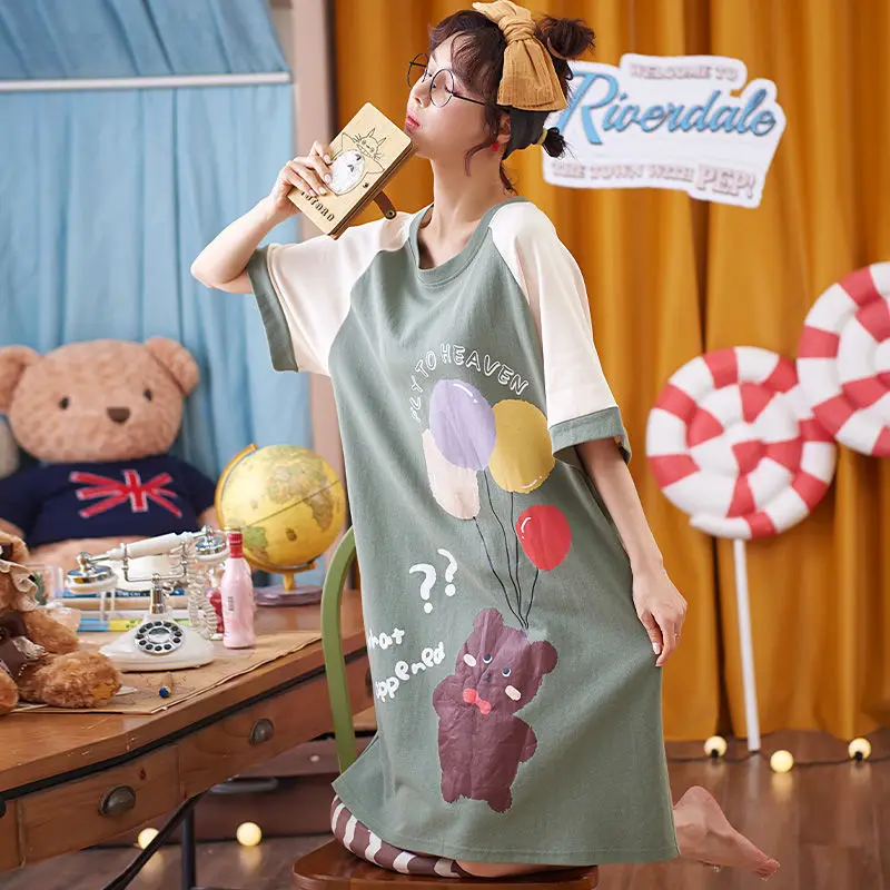 Nightdress Female Summer Long Section Over The Knee Loose Large Size Casual Cartoon Outside Pajamas Maternity Home Service