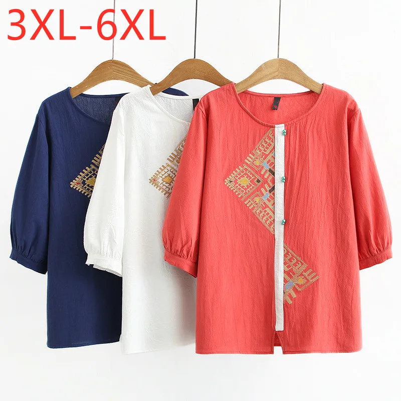 

New 2021 Ladies Summer Plus Size Tops For Women Large Short Sleeve Loose Cotton Red Blue Embroidery T-Shirt 3XL 4XL 5XL 6XL