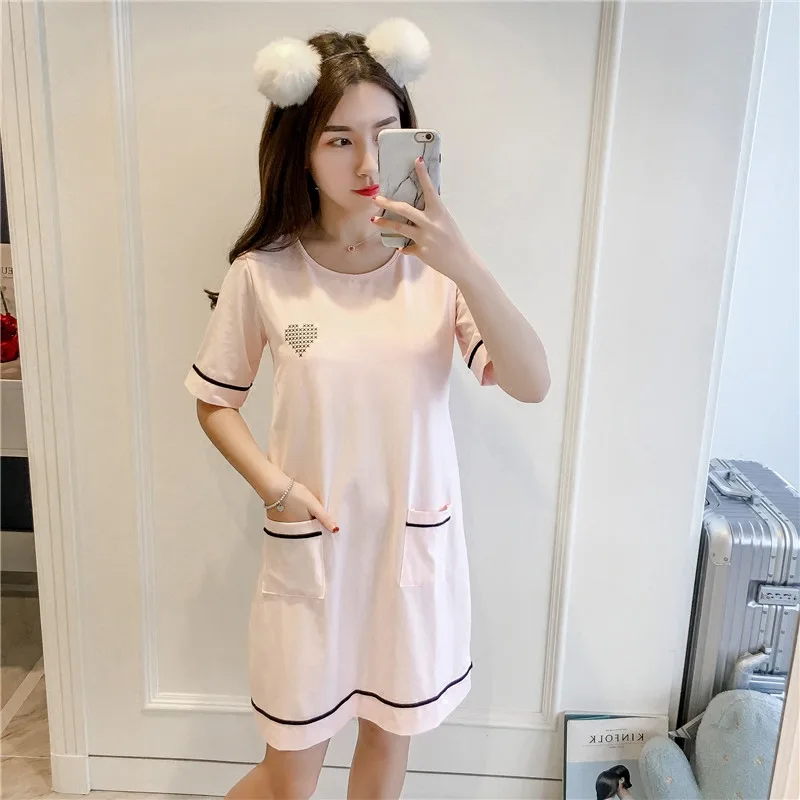 Summer Cotton Simple Fashion Short Sleeve Nightgown with Bra Short Skirt Loose Nightdress Women's Bra Free Nightwear Home Wear