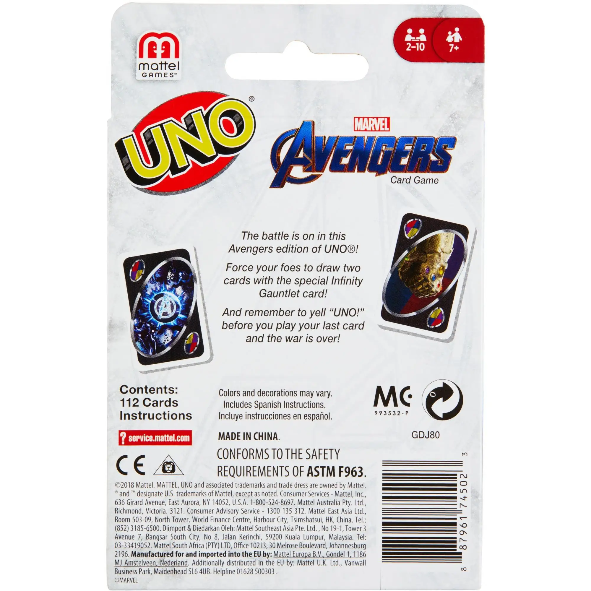 Mattel Uno: мстители настольные игры Uno забавные покерные игральные карты Подарочная