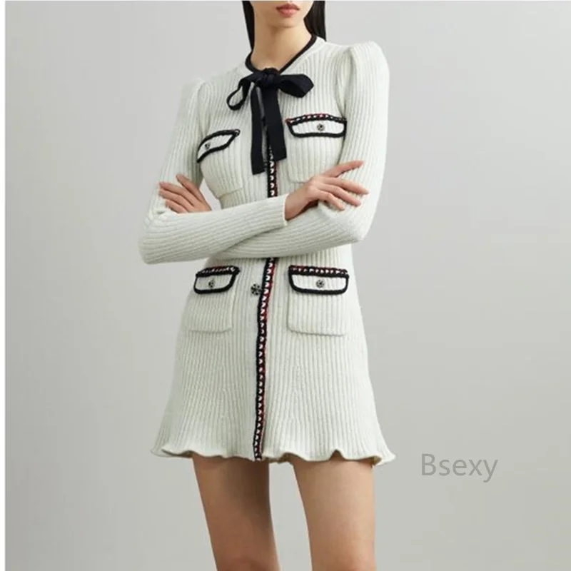 

High Quality Autumn Winter Women Sweater Dress 2021 Elegant O Neck Bows Long Sleeve Single Breasted Mini Bodycon Knitted Dress