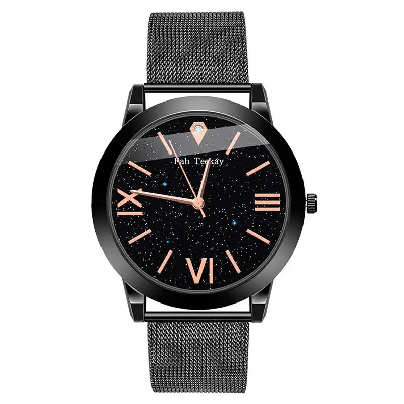 Модные женские черные часы из нержавеющей стали с сетчатым ремешком кварцевые