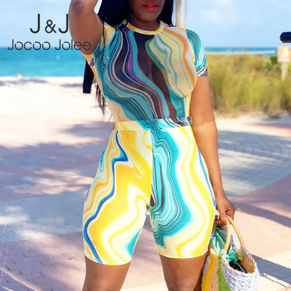 

Красочная повязка комбинезон Jocoo Jolee, элегантный повседневный короткий комбинезон с круглым вырезом, короткие джоггеры, спортивный Ромпер ...